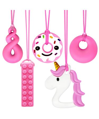 5 Pcs Chew Necklace for Girls Kids Silicone Teething Necklace for Baby Chewelry for Girls Unicorn Chewy Necklace Sensory Oral Motor Aids with Autism ADHD Teething Oral Motor Special Needs Pink