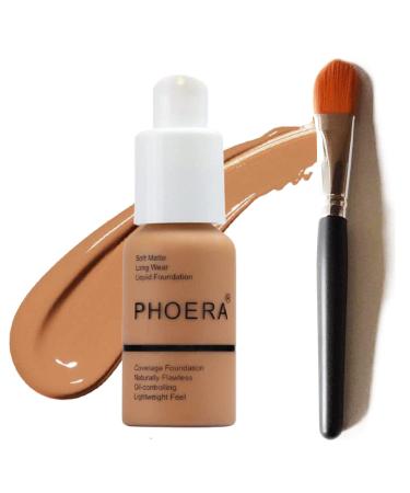 Glamza PHOERA Foundation Concealer Makeup Full Coverage Matte Brighten Long Lasting UK + Professional Flat Face Foundation Brush (108 TAN Seller SKU)