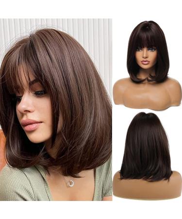 Esmee 14 Inches Short Dark Brown Wig with Bangs Slightly Curly Hair Ends Natural Synthetic Hair Straight Wigs for Women Daily Party Cosplay Wear Dark Brown 14 Inch (Pack of 1)