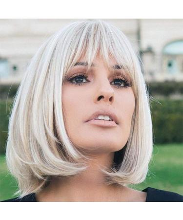HAIRCUBE 12 Inch Blonde to White Bob Wigs with Bangs Ombre to Blonde Hair Synthetic Heat Resistant for Women Creamy White