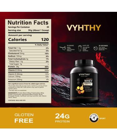 VYHTHY Pineapple Flavored Whey Protein Powder 24g Protein per Serving Fast-Absorbing Concentrated whey Protein Low Sugar Gluten-Free Natural Flavor 2 lbs/32 oz. - Buy Online on GoSupps.com