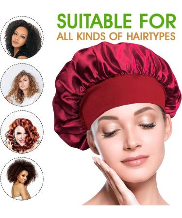 BIZBUY 3 Pack Satin Bonnet Hair Bonnet for Sleeping Night Hair Sleeping Caps with Wide Elastic Band Silk Bonnet is Suitable for Long Straight and Curly Hair. Black+Red+Purple - Buy Online on GoSupps.com