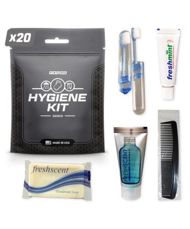Go2Kits 20-PACK Hygiene Toiletry Travel PPE Kits for Travel, Business & Charity with Reusable Toothbrush, Bath Soap & Other Essential Toiletries 20 Pack