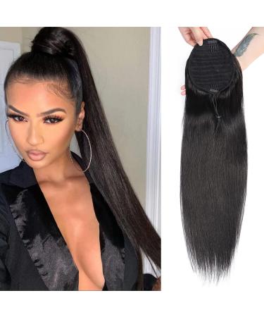 10A Grade Human Hair Ponytail Clip In Extensions 1 Piece, 100% Unprocessed Real Brazilian Hair Pony tail Hairpiece Braids Hair Extensions (18 Inch, Straight, Wrap Drawstring) 18 Inch Straight, Wrap Drawstring