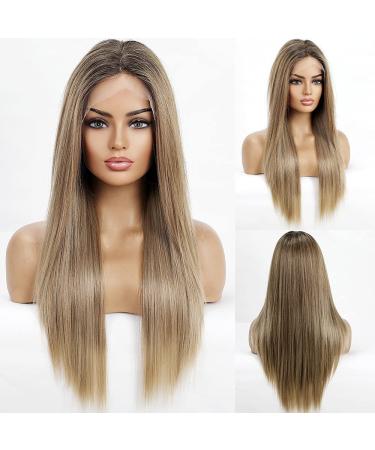 EMMOR 13*4 Lace Front Ash Brown Straight Wig - Heat Resistant Synthetic Blonde Ombre Wig - Buy Online on GoSupps.com