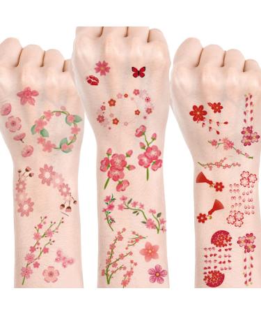 28 Sheets Flower Temporary Tattoos for Women Girls 3D Pink Cherry Blossom Floral Sexy Fake Tattoo Stickers Waterproof Fake Tattoo Body Art Stickers for Neck Arm Wrist Hands
