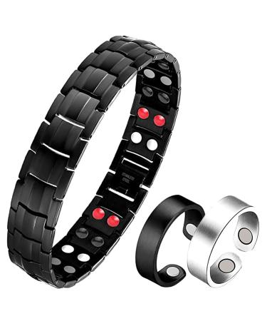 Loccy Magnetic Targe tape Magnetic therapy bracelet for men's titanium steel bracelet for arthritis pain relief Double-row magnetic + 2x magnetic rings Gift for birthdays Father's Day anniversary Black