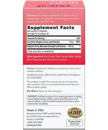 CATALO Iron Supplement for Women with Organic Curry Leaf - Gentle High Absorption Vegetarian-Friendly Stomach-Easy Formula - 60 Tablets - Buy Online on GoSupps.com