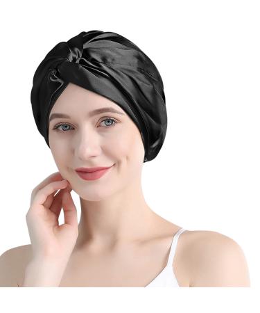 Fyy Silk Bonnet for Sleeping  Large Satin Bonnet Double-Layer Silk Hair Wrap Adjustable Hair Bonnet Sleep Cap with Button Stay On Head for Long Curly Thick Black Hair for Women Hair Care Black