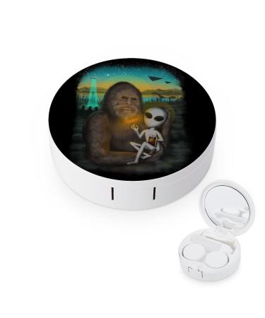 Aliens And Bigfoot Round Contact Lens Case Print Portable Contact Lens Box Kit with Mirror Cute