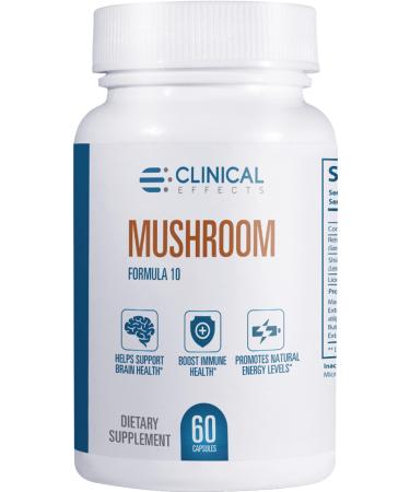 Clinical Effects Mushroom Formula 10 - Natural Mushroom Supplement for Focus Mood and Brain Booster Support - Nootropic Supplement and Immune Support - 60 Veggie Capsules - Made in The USA