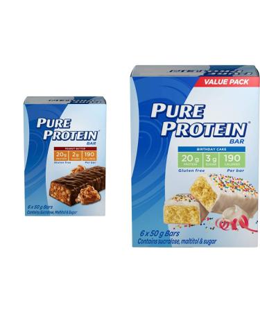 Pure Protein Bars Gluten Free Snack Bars Chocolate Peanut Butter 50 gram 6 Count & Bars Gluten Free Snack Bar Birthday Cake 50 gram 6 count