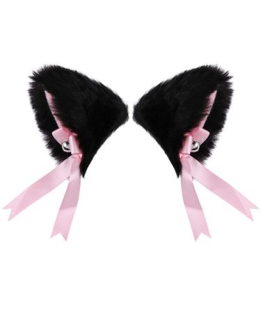 Faux Furry Cat Ears Hair Clip with Bell Anime Cosplay Fancy Headband A Black-inner Pink