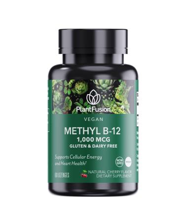 PlantFusion Vegan B12 Methyl 1000 mcg - Sublingual Vitamin - Supports Energy Heart Health Nervous System - Cherry Flavor 60 High Potency Methylcobalamin Lozenges for Fast Absorption Methyl B-12