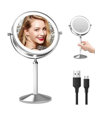 Lighted Makeup Mirror with Magnification, 8 inch 1X 10X Magnifying Mirror with Light, Rechargeable 2-Sided Tabletop Vanity Mirror, 3 Color LED Dimmable Lit Cosmetic Mirror,360 Degree Adjustable Silver With 10x Magnification