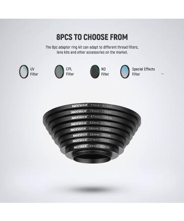 NEEWER 8PCS Step Up Rings Filter Adapter Set - Premium Anodized Aluminum Threaded Rings 49-82mm for Camera Lens - Buy Online on GoSupps.com