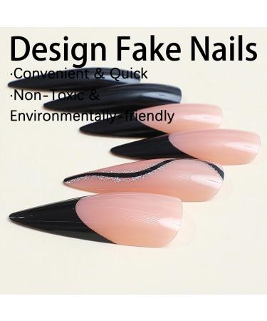Extra Long Black French Tip Stiletto Press-On Nails | Glitter Wavy Lines | Reusable Acrylic Fake Nails for DIY Manicure - Buy Online on GoSupps.com