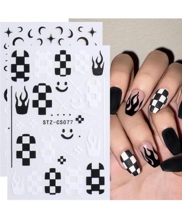 Nail Art Stickers Decals  Self Adhesive Nail Stickers Nail Art Supplies Black White Nail Designs 3D Checkerboard Flame Star Moon Smile Line Nail Stickers for Acrylic Nails Women Manicure Decorations