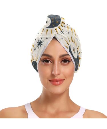 Sun Moon Stars Hair Towel 2 Pack Super Absorbent Hair Drying Towel Quick Dry Hair Turbans Head Towel with Button Twisty Wrap for Women Girls