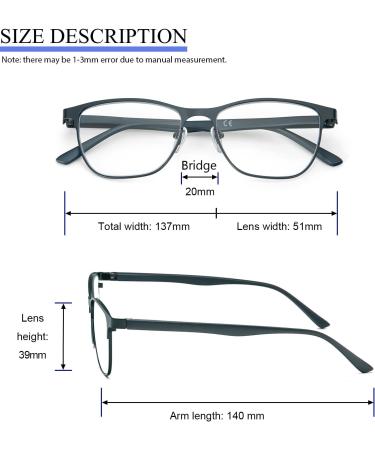 MMOWW Men's Rectangular Reading Glasses | Light Blue Metal Frame | Spring Hinges | Blue Light-Blocking | 1.5x Magnification - Buy Online on GoSupps.com