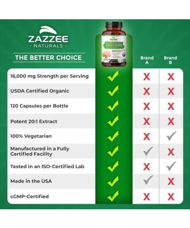 Zazzee USDA Organic Lion's Mane 20:1 Extract 30% Polysaccharides 16 000 mg Strength 120 Vegan Capsules Nootropic for Brain Health Focus Memory Concentration and Immune Support Made in The USA - Buy Online on GoSupps.com