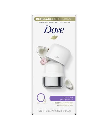 Dove Refillable Deodorant Starter Kit Deodorant For Women Coconut & Pink Jasmine 0% Aluminum 1.13 oz