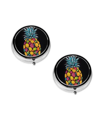 Colorful Pineapple Printed Mini Round Pill Box Pill Box 3 Compartment Medicine Pill Case Pill Organizer Travel Pillbox Portable Pill Box for Pocket Home Office Use