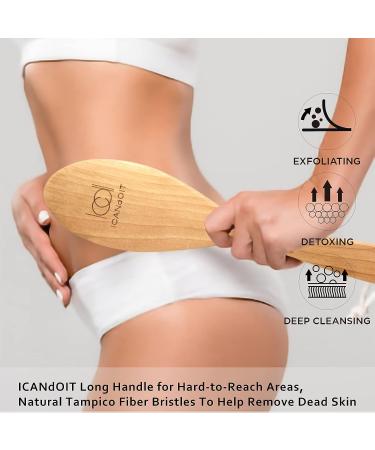 ICANdOIT Dry Brushing Body Brush - Long Handle for Cellulite and Lymphatic Drainage - Natural Agave Cactus Tampico Bristles - Men & Women - Buy Online on GoSupps.com