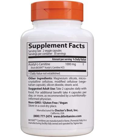 Doctor's Best Acetyl-L-Carnitine 500 mg - 60 Veggie Caps | Supports Energy & Brain Health - Buy Online on GoSupps.com