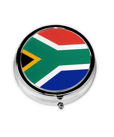 South Africa Flag Portable Metal Pill Box Round Mini 3-Compartment Plastic Insert hinged Fastening Design Suitable for Small Pills Must-Have for Travel Black