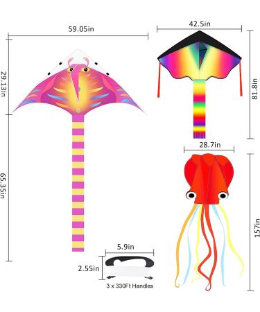 3 Pack Large Kites for Kids & Adults - Easy to Fly and Assemble - Includes Delta, Devil Fish, and Octopus Kites with 330 Ft String - Rainbow, Orange, and Red Design - Buy Online on GoSupps.com