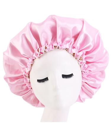 Cospack Silk Satin Sleep Cap Extra Large Double Layer Reversible Adjustable Satin Cap for Sleeping Hair (Pink + Beige)