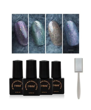 PINNI Gel Nail Polish Set 4pcs Magnetic Cat Eye UV LED Gel Nail Lacquer Superfine Mica Aurora Platinum Glitter Winter Christmas Set Semi-permanent Soak-off Manicure Gel Nails for Salon with Magnet
