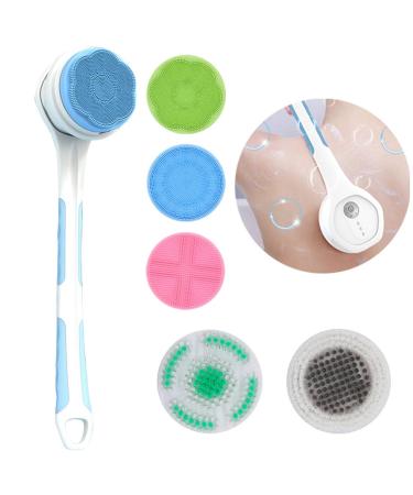 Shower Brush | Facial & Body Cleansing | Electric Silicone Massage Bath Brush Exfoliating Kit with Removable Handle & 5 Spin Brush Heads | Waterproof & Cordless USB Charge| Back Scrubber for Shower