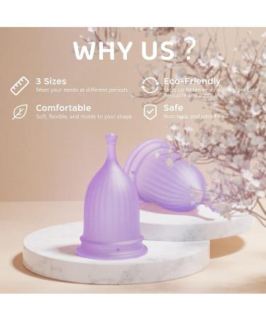 Set of 3 Reusable Menstrual Cups - Soft Silicone Tampon and Pad Alternative in Small, Medium, Large (Purple) - Buy Online on GoSupps.com
