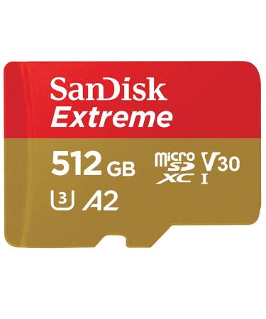 SanDisk 512GB Extreme microSDXC UHS-I Memory Card with Adapter - Up to 160MB/s, C10, U3, V30, 4K, A2, Micro SD - SDSQXA1-512G-GN6MA Card Only 512GB