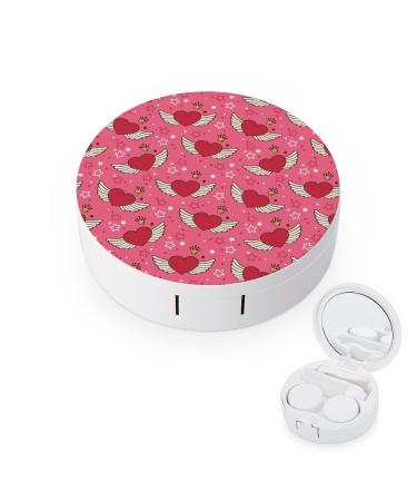 Hearts And Wings Round Case For Contact Lens Kit Storage Box with Mirror Printed