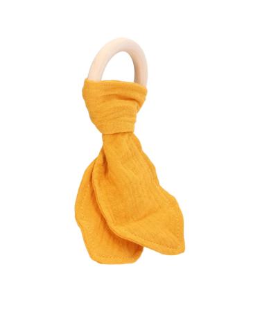 Baby Wooden Teether Soothing Bunny Ears Design Cotton Gauze Baby Wooden Ring Teething Ring for Babies (Yellow)