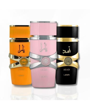 Lattafa for Unisex 3 Piece Eau de Parfum Gift Set (Yara for Women + Yara Tous for Women + Asad for Men) 3.4 Ounce/100 ml each