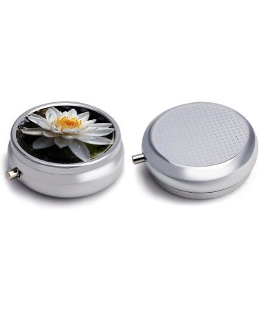 Round White Lotus Print Pill Box | 3 Compartment Portable Medicine Organizer | Decorative Metal Pocket Pill Case - Buy Online on GoSupps.com