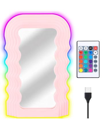 Makeup Mirror Wave Pattern Irregular Vanity Mirror with Lights - 16 Colors Lighting Modes Portable Cosmetic Desktop Mirror Lighted Makeup Mirror for Living Room Bedroom Hallway Home Decor Women Gift Pink