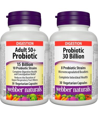 Webber Naturals Probiotic Adult 50+ 15 Billion Active Cells 10 Probiotic Strains 30 Capsules For Digestive Health and Constipation Relief Vegan & Probiotic 30 Billion Active Cells SUPPLEMENT + SUPPLEMENT mgahj-424