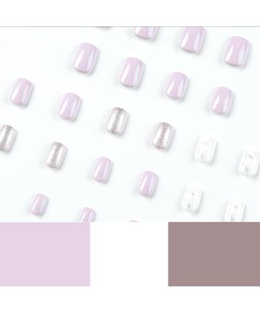 24Pcs Purple White Glitter False Nails - Short Squoval Press On Nails with Glue for Women & Girls - Buy Online on GoSupps.com