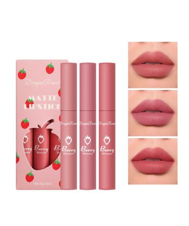 3 Pcs Nude Matte Liquid Lipstick Set  Matte Velvety Long-Lasting Moisture Smooth High Pigmented Non-Stick Cup Not Fade Waterproof Lip Gloss  Lip Stains Lip Makeup Gift Set for Women & Girls (C)
