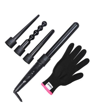 Curling Wand Set Zealite Luxurious 4 in 1 Hair Curling Iron Set with Interchangeable Hair Wand Ceramic Barrels & Free Heat Resistant Glove (Black)