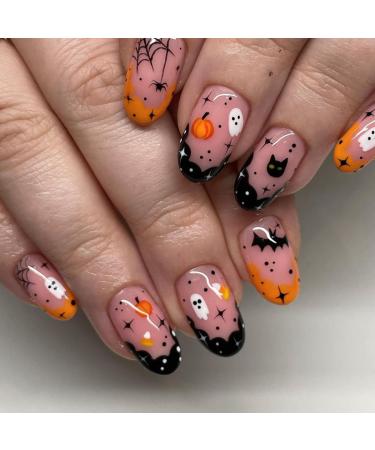 Halloween Press on Nails Short Almond French Tip Fake Nails Full Cover False Nails with Cute Ghost Bat Designs Spider Web Pumpkin Acrylic Nails Halloween Glue on Nails for Women Girls 4