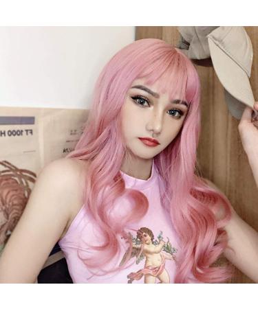 BGHJUE Long Curly Wig for Women - Fluffy Big Wave with Air Bangs - Natural Pink Hair Set | International Shipping Available - Buy Online on GoSupps.com