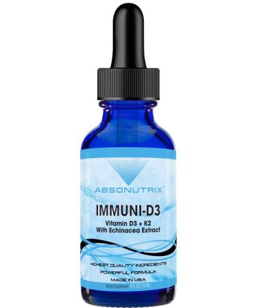 Absonutrix Immuni-D3 Liquid Vitamin D3 Supplement 390 mg 4 FL OZ Liquid 302 Servings Made in USA Plant-Based Ingredients Vitamin D3 Echinacea Extract and Ginger Extract Gluten-Free Non-GMO
