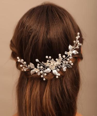 Chargances Bridal Pearl Leaf Hair Comb Wedding Silver Crystal Beaded Hair Vine Comb Fashion Flower Rhinestone Handmade Hair Accessory Dainty Head Piece for Women Bridesmaid Girls (Silver) - Buy Online on GoSupps.com