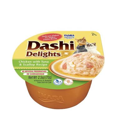 INABA Dashi Delights - Pieces in a broth of bonito flakes with chicken/tuna/scallops - 1 x 70g - Topping - High in protein - Natural ingredients - Delicious and healthy - Cat food